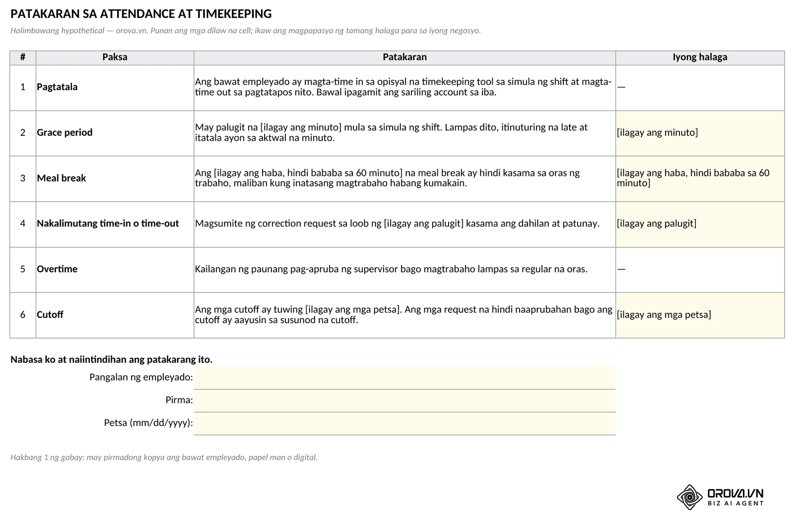 Sheet na Patakaran: ang anim na bahagi ng 1-pahinang patakaran sa attendance at timekeeping, may dilaw na cell para sa sarili mong grace period, meal break, palugit at petsa ng cutoff, at puwang para sa pirma ng empleyado.