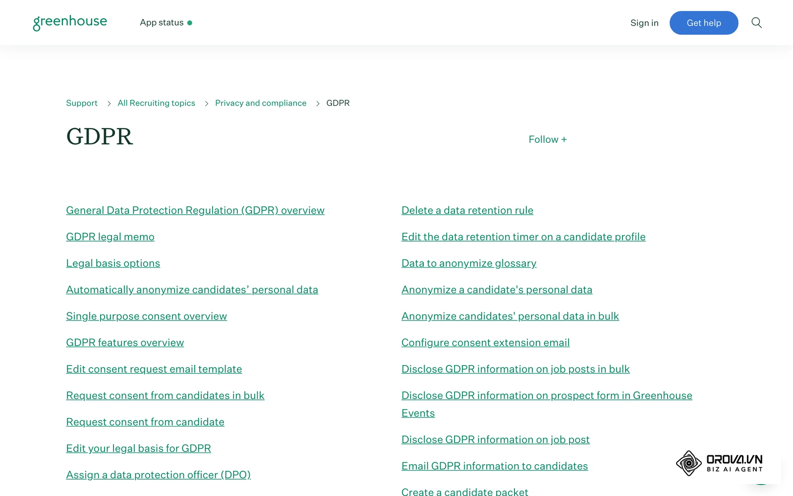 Helpcentrum van Greenhouse over de AVG-instellingen (GDPR) in hun applicant tracking system, zoals bewaartermijnen en verwijderverzoeken.