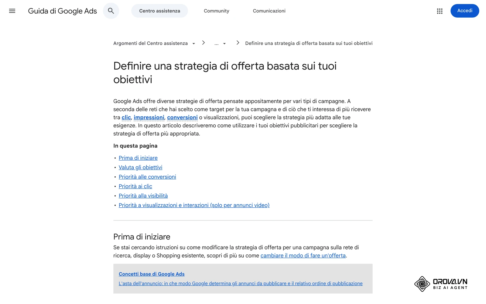 Pagina della Guida di Google Ads sulle strategie di offerta, tra cui Massimizza le conversioni, CPA target e ROAS target.