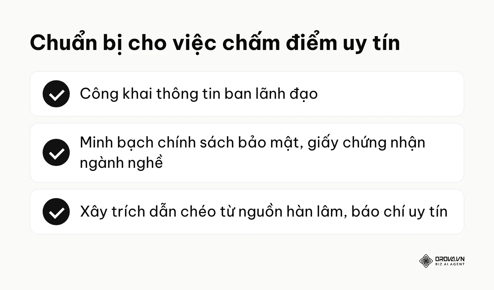 Bảng kiểm 3 việc chuẩn bị cho chấm điểm uy tín: công khai lãnh đạo, minh bạch giấy tờ, xây trích dẫn chéo.