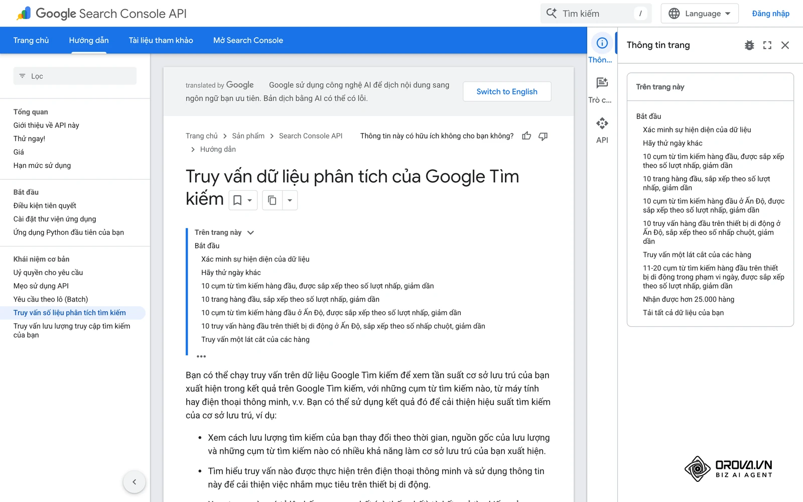 Tài liệu của Google về truy vấn dữ liệu Hiệu suất Search Console: lượt nhấp, hiển thị, CTR, vị trí trung bình theo truy vấn và trang.