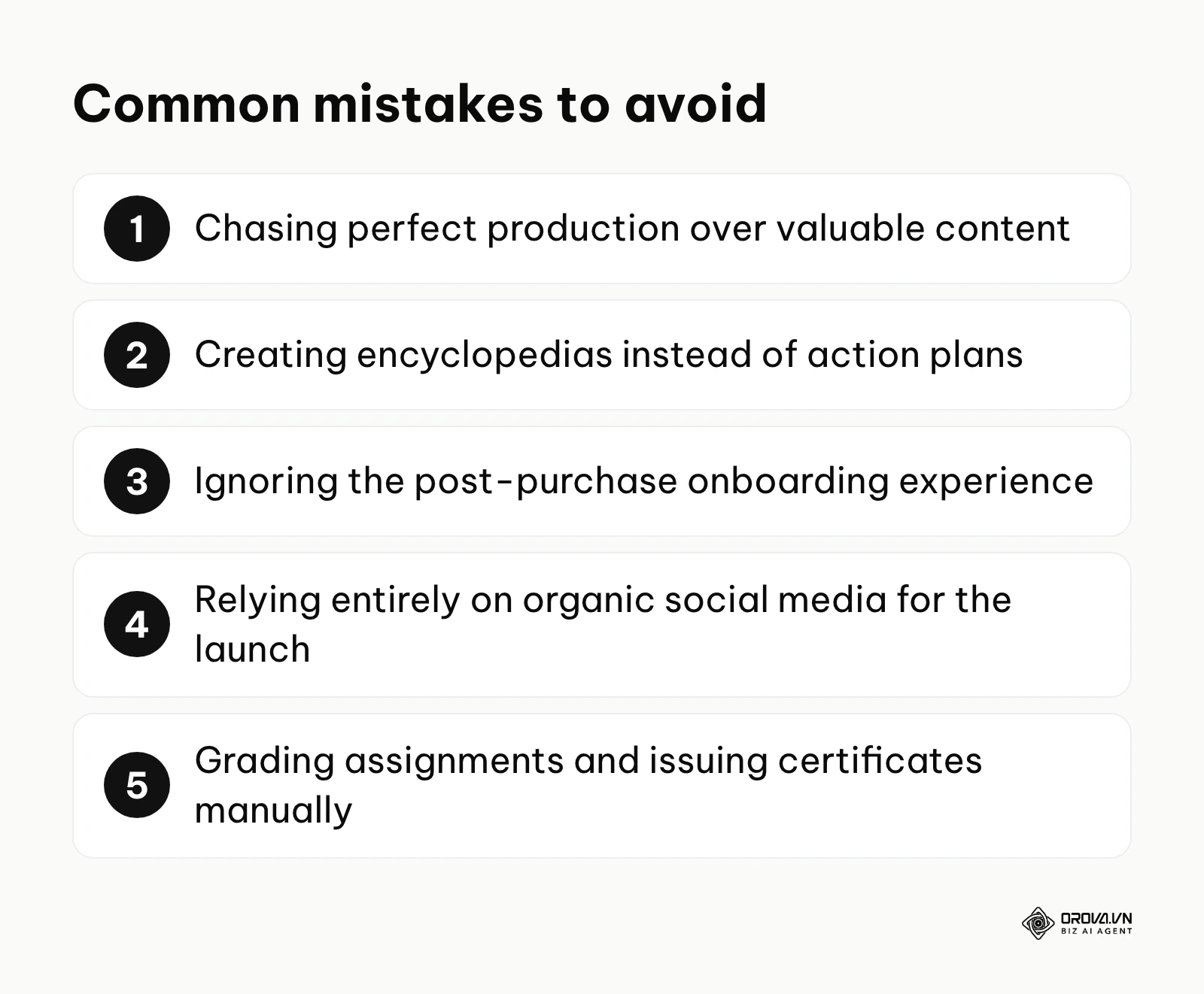 A numbered list of five common mistakes creators make when building an online course.