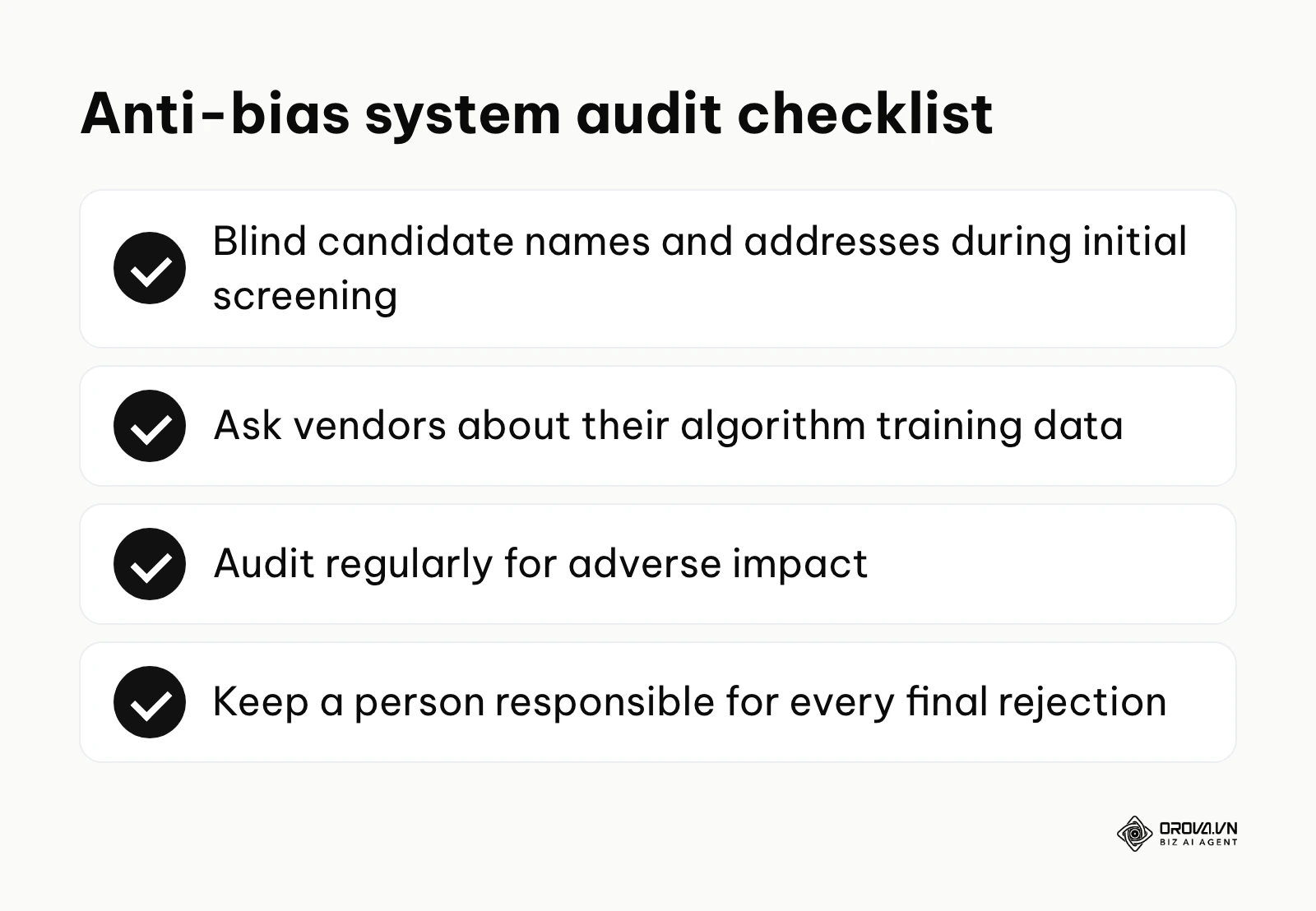 A checklist of actions to prevent AI bias in recruitment systems.