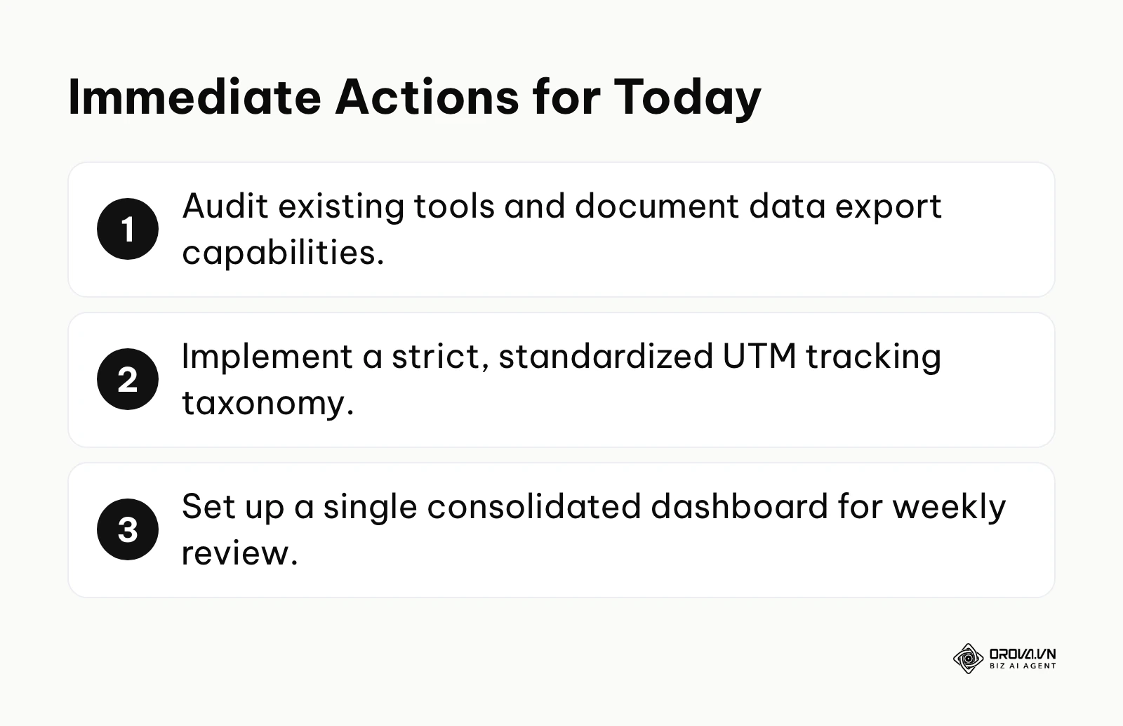A numbered checklist detailing the first three steps to take: auditing tools, standardizing UTMs, and setting up a dashboard.