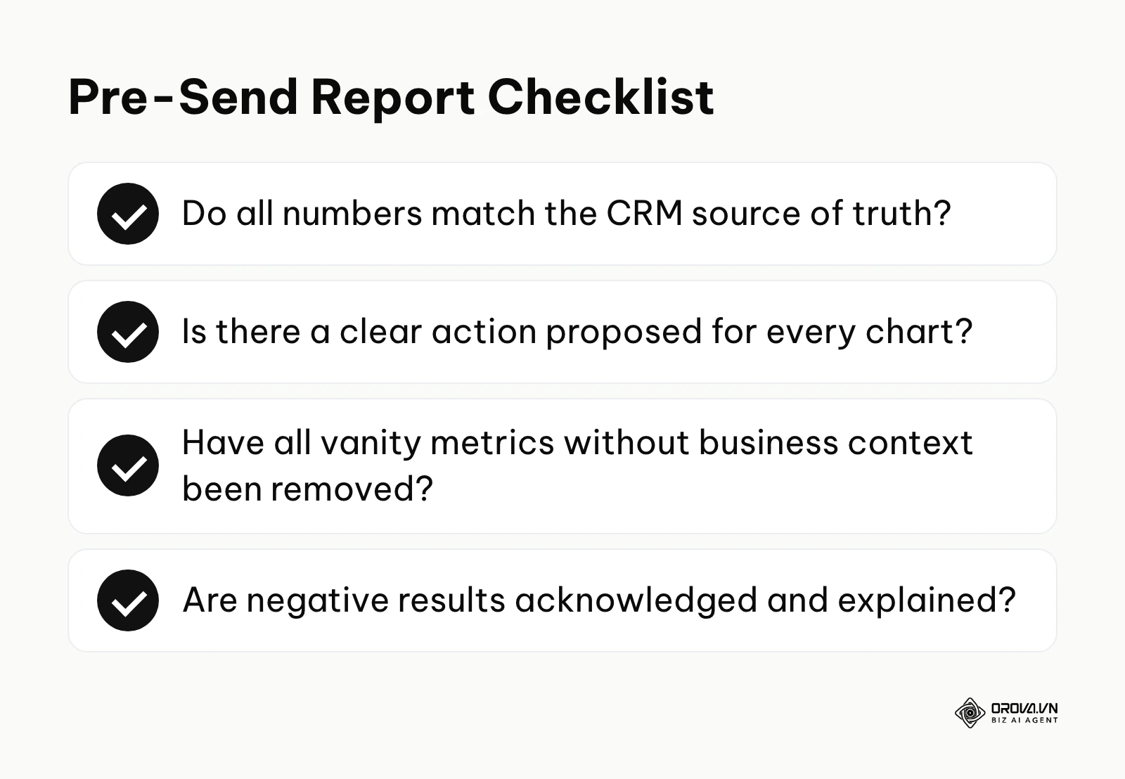A checklist to review before sending a marketing report to stakeholders.
