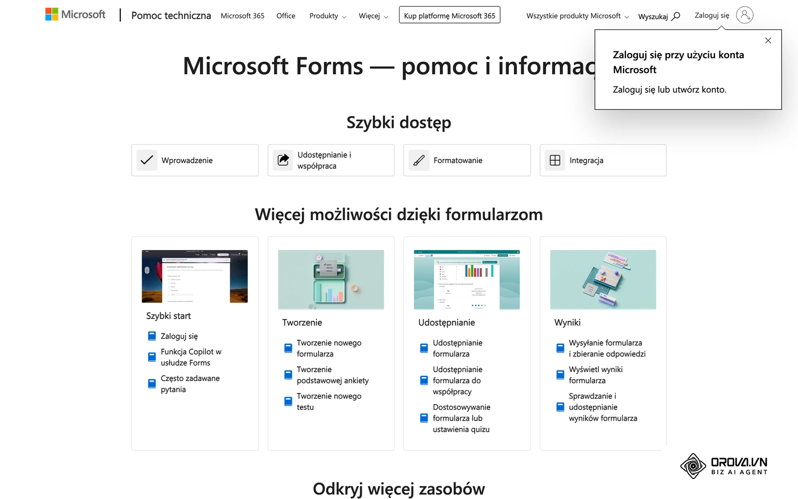 Centrum pomocy Microsoft Forms po polsku: tworzenie ankiet i testów, z których można zbudować ankietę ewaluacyjną wdrożenia po 90 dniach.