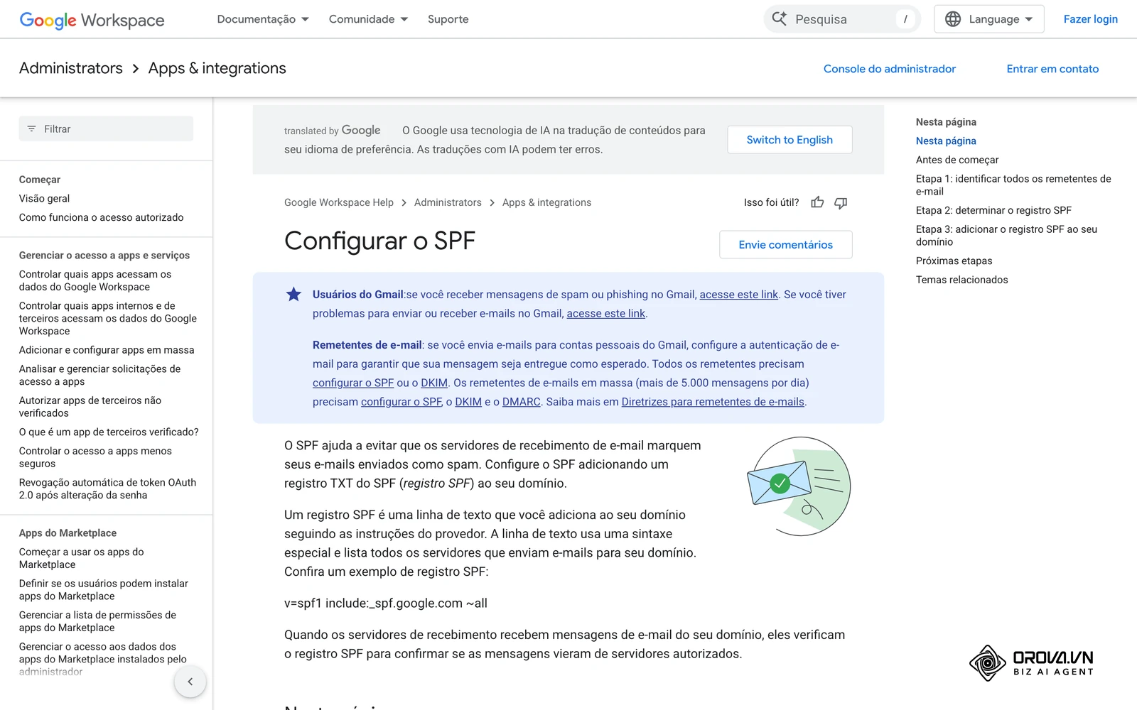Página de ajuda do Google Workspace “Configurar o SPF”, com o exemplo de registro v=spf1 include:_spf.google.com ~all usado no Passo 1.