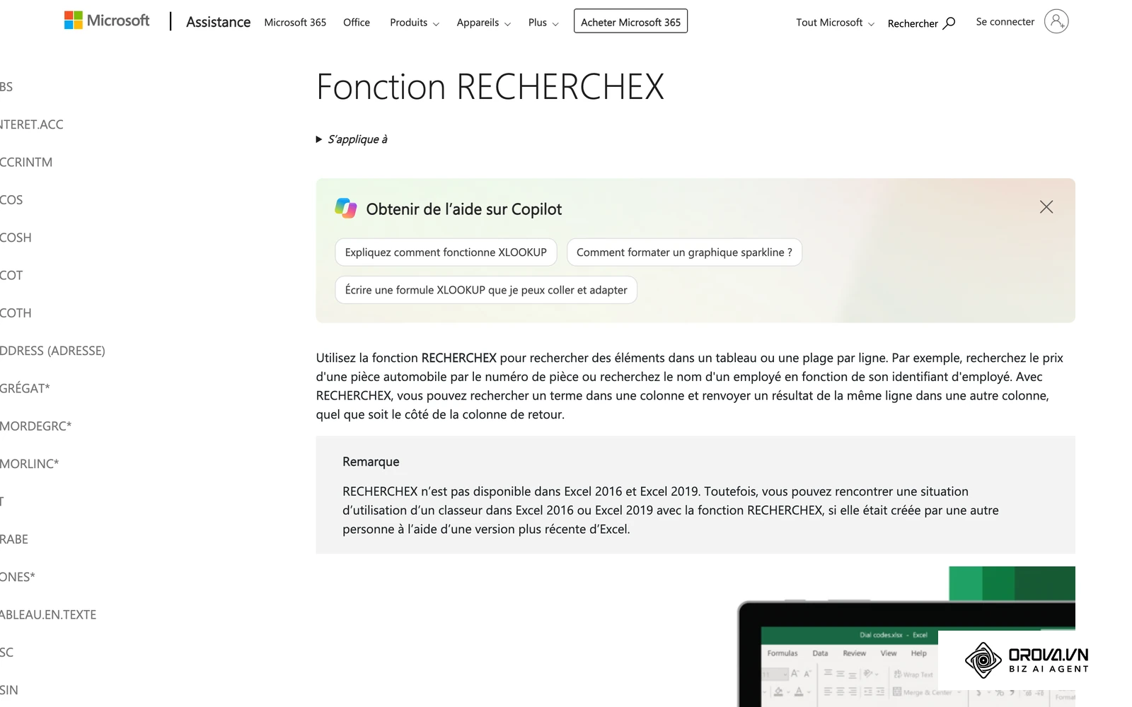 Page d'aide officielle Microsoft de la fonction RECHERCHEX.