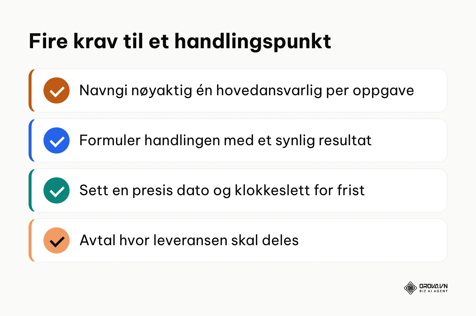 Sjekkliste med fire krav til et handlingspunkt etter et møte.