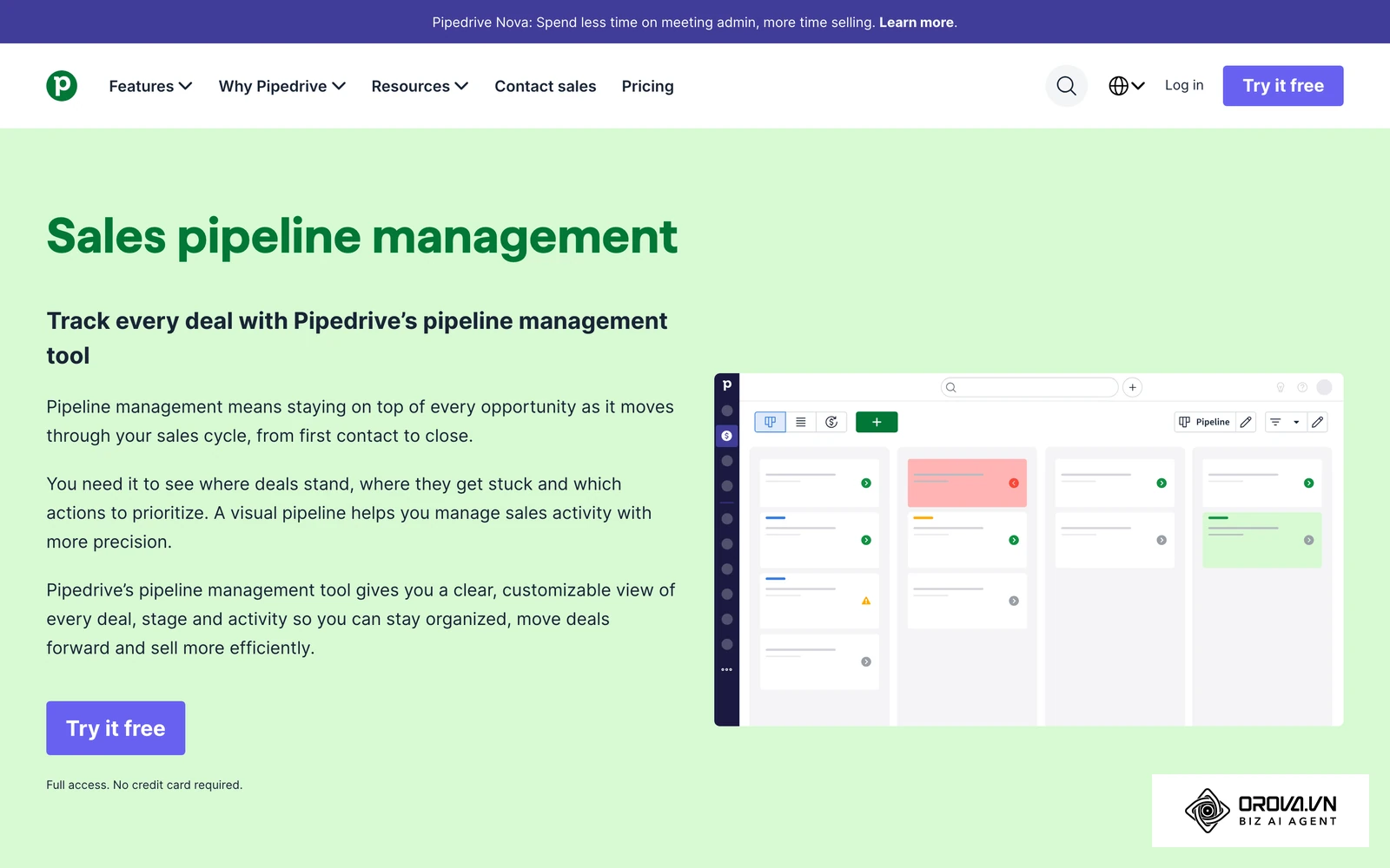Trang tính năng quản lý pipeline của Pipedrive: các bước bán hàng xếp thành cột, mỗi cơ hội là một thẻ kéo-thả giữa các bước.