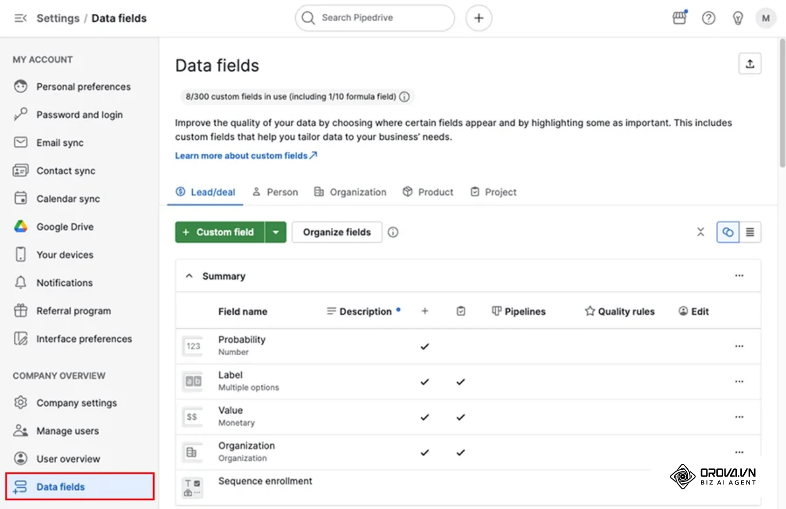Ecranul Data fields din Pipedrive, unde verifici câmpurile disponibile înainte de a mapa coloanele fișierului la import (captură din pagina de ajutor Pipedrive).