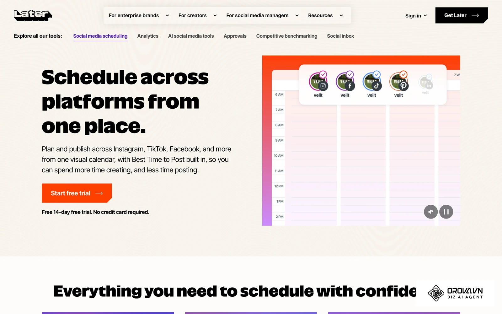 Calendario de Later con publicaciones programadas por franja horaria en varias redes.