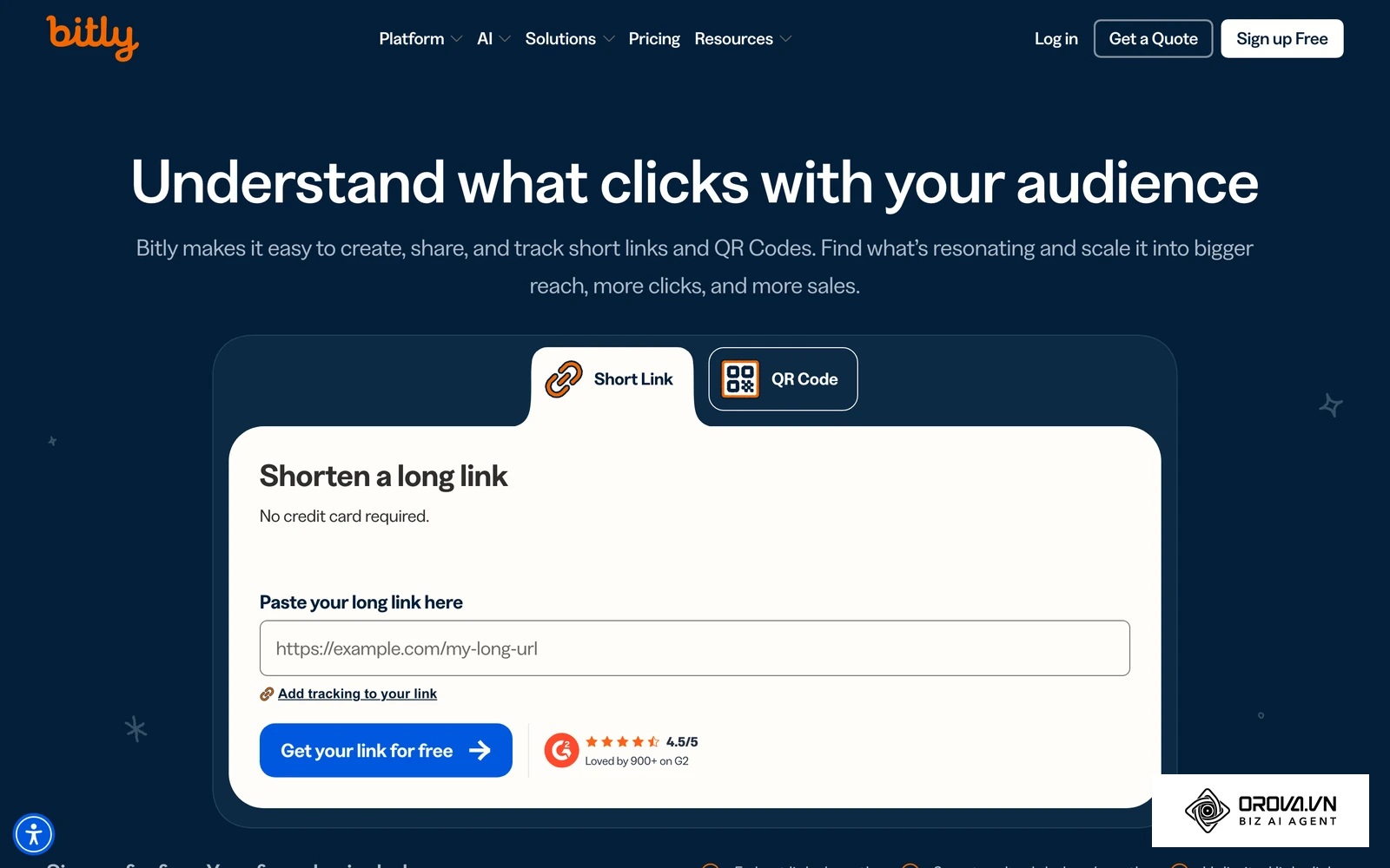 The Bitly homepage, which presents short links alongside QR codes and analytics.