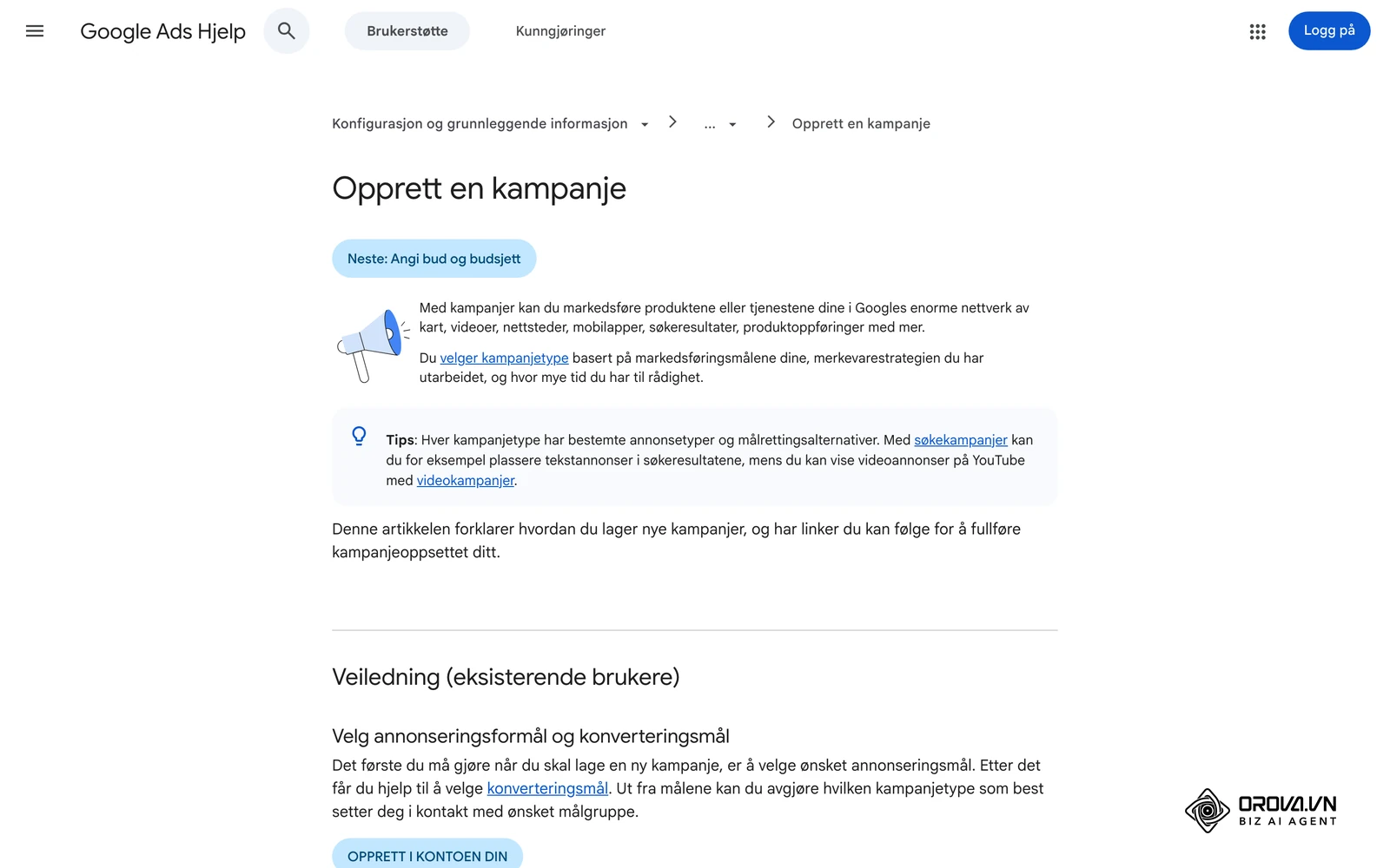 Siden «Opprett en kampanje» i Google Ads Hjelp på norsk, med veien Kampanjer › plussknappen › Ny kampanje.
