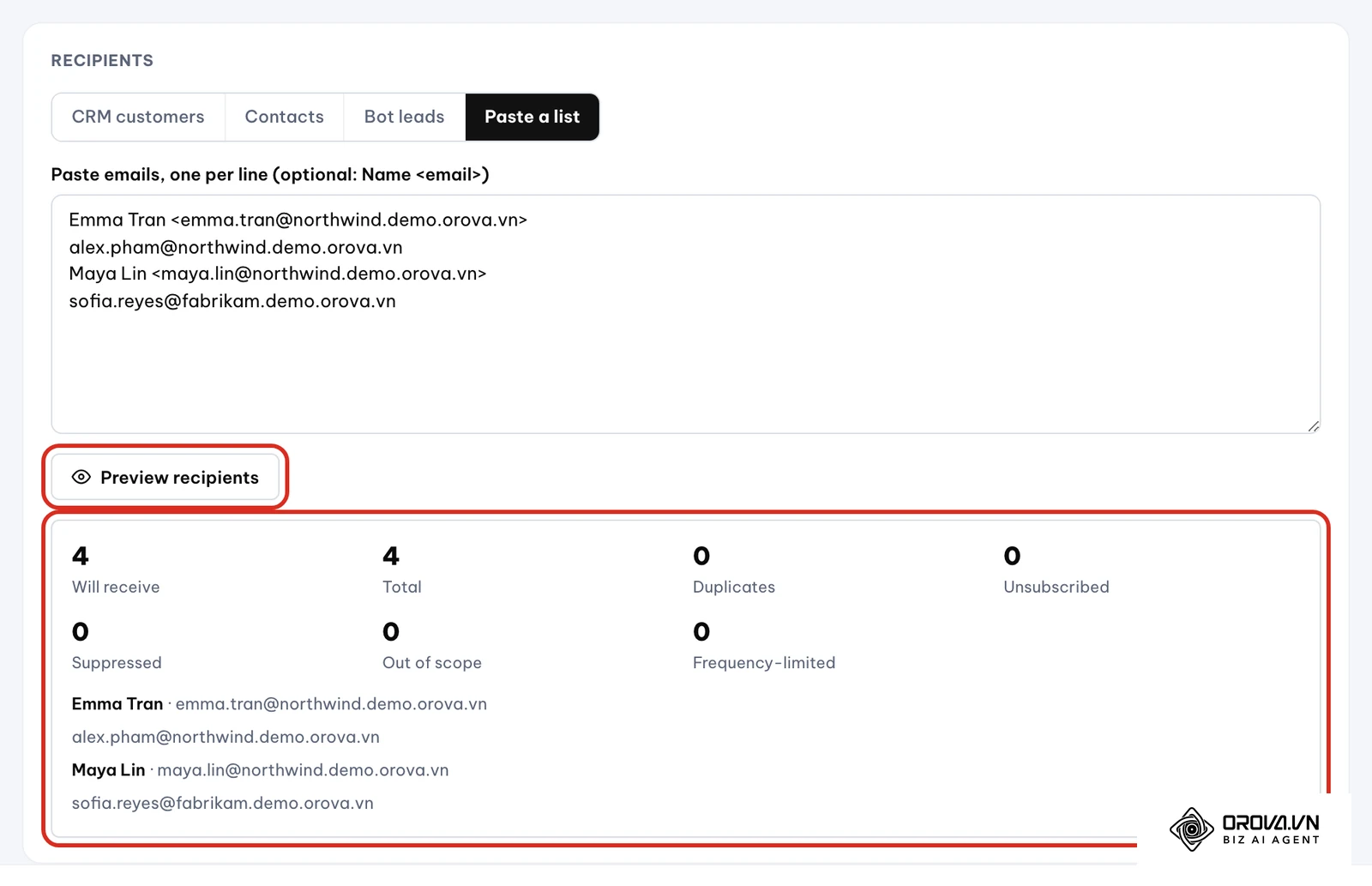 Tarjeta Recipients de Orova Connect con la fuente Paste a list y el resultado de Preview recipients: 4 Will receive, 4 Total y cero duplicados, bajas y excluidos, con la lista de direcciones de muestra.