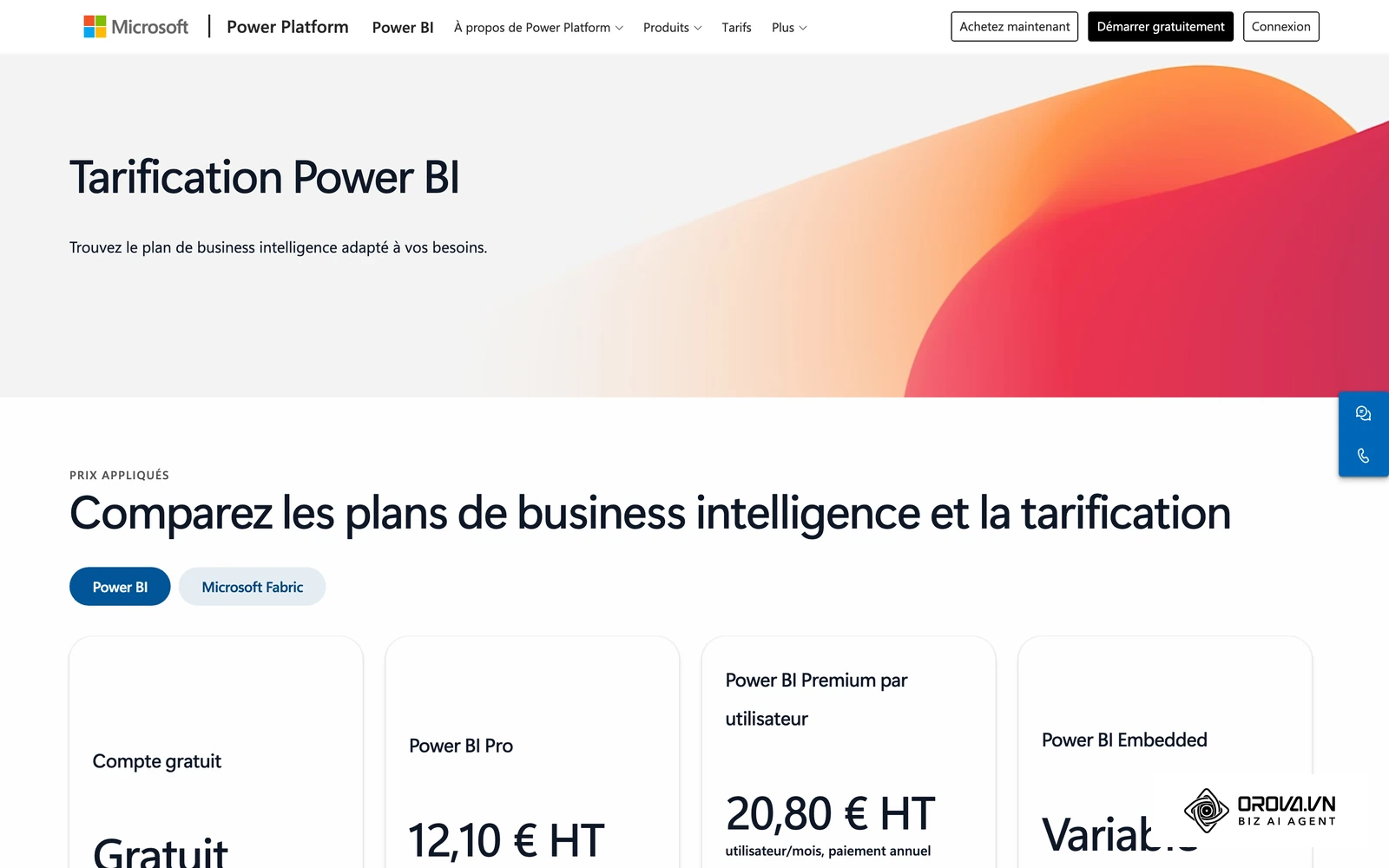 Grille tarifaire officielle de Microsoft Power BI : licence Pro à 12,10 € HT et Premium par utilisateur à 20,80 € HT par mois.