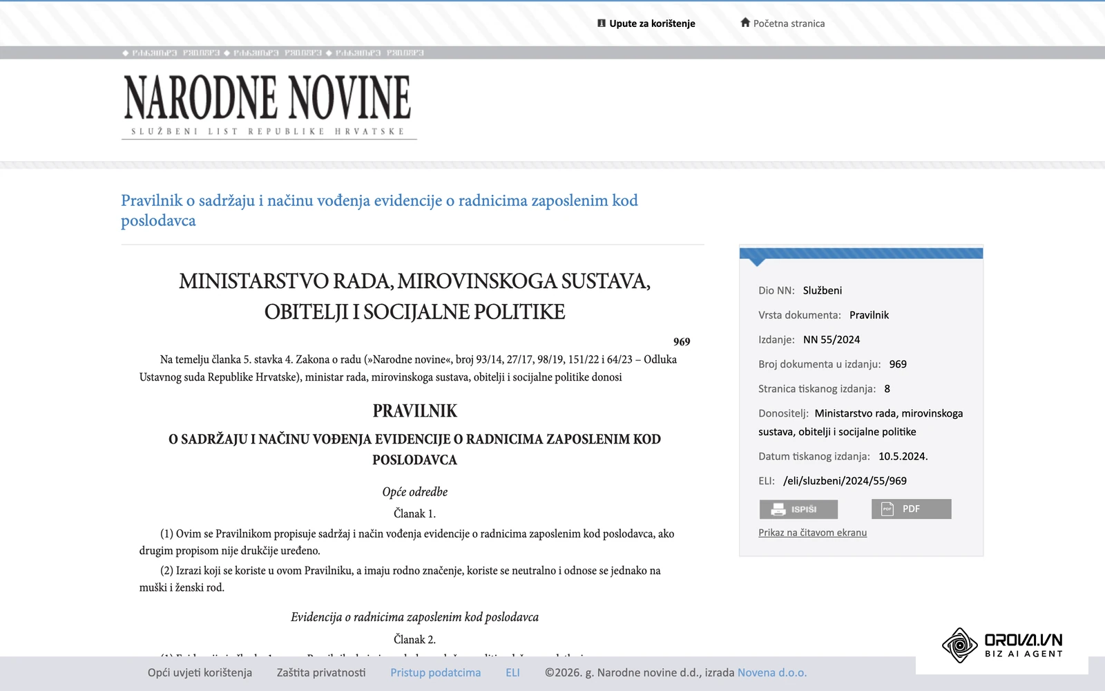 Pravilnik o sadržaju i načinu vođenja evidencije o radnicima zaposlenim kod poslodavca u Narodnim novinama (NN 55/2024), na snazi od 1. listopada 2024.