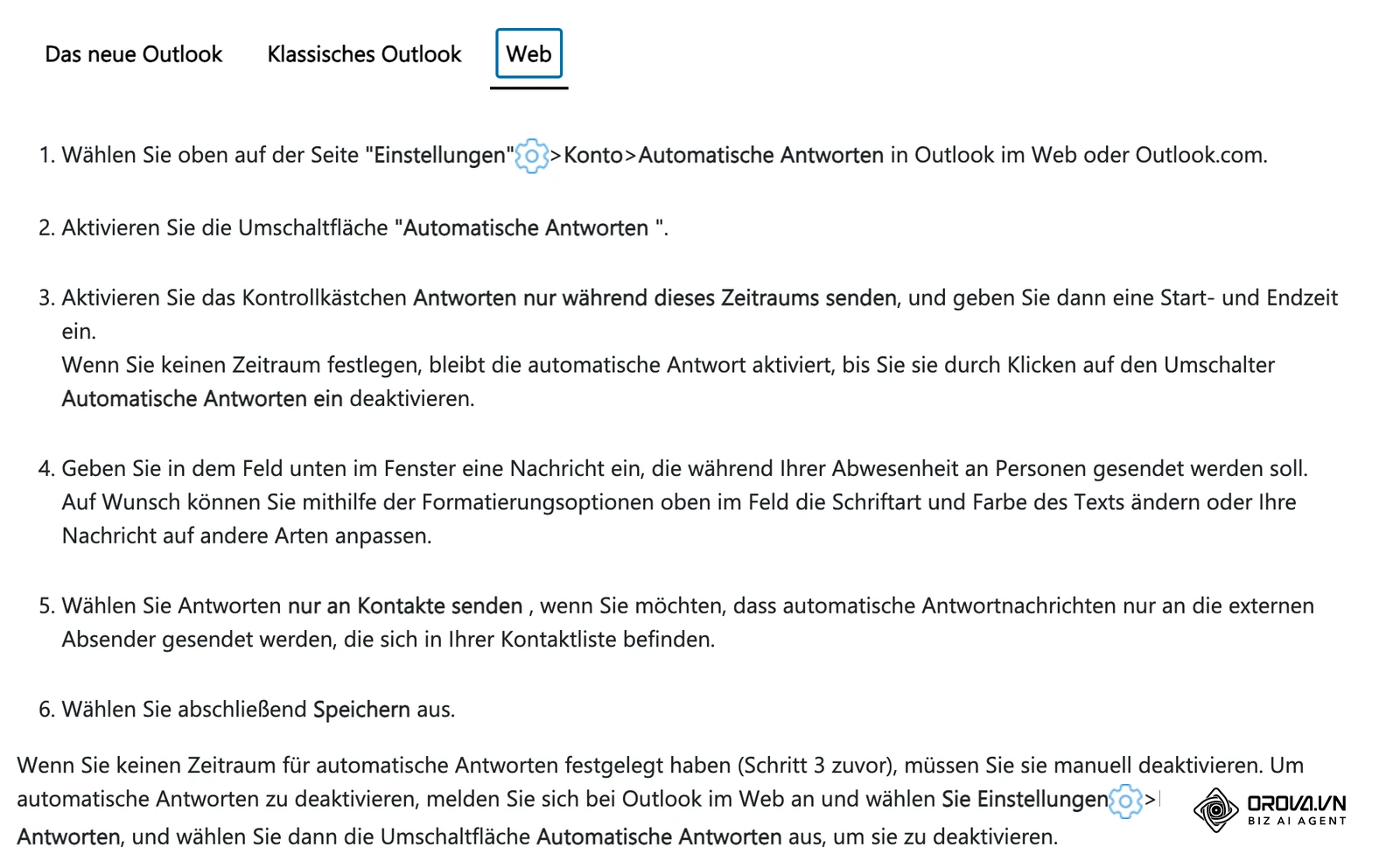 Deutsche Microsoft-Hilfe, Registerkarte Web: Einstellungen, Konto, Automatische Antworten, Zeitraum, Nur an Kontakte senden und Speichern.