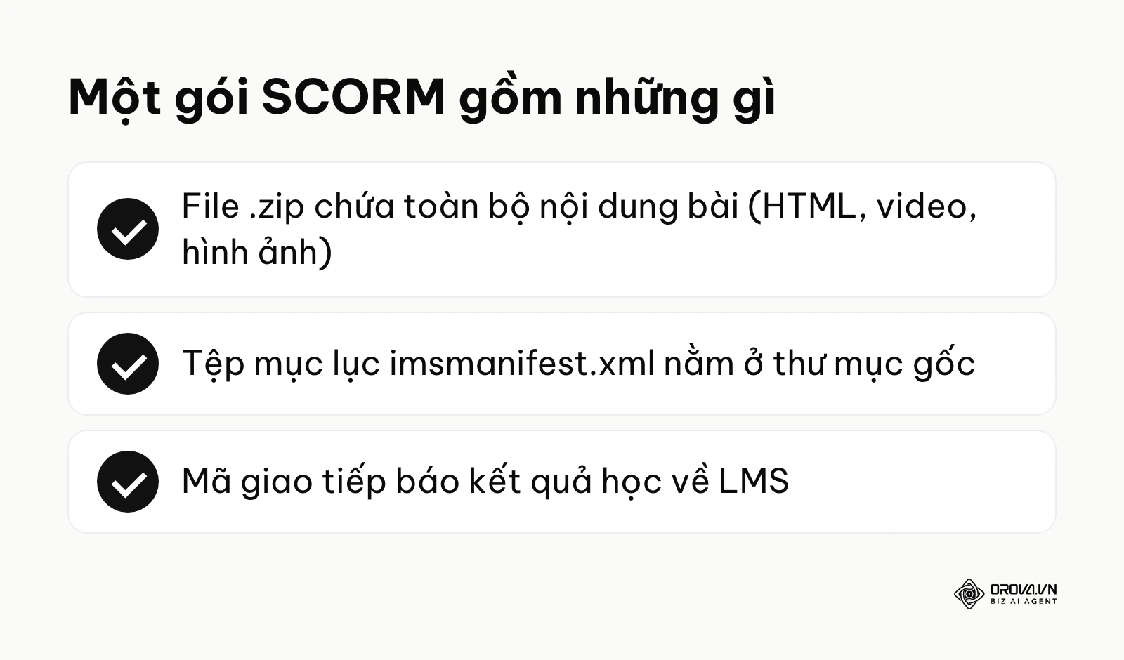 Ba thành phần của một gói SCORM: file zip nội dung, imsmanifest.xml và mã giao tiếp với LMS