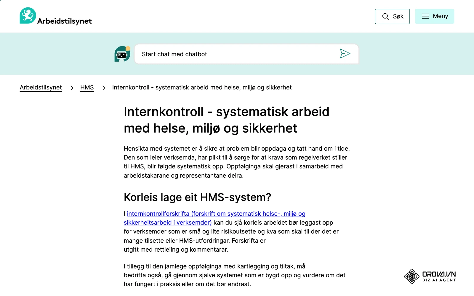 Arbeidstilsynets side om internkontroll, der arbeidsgivere finner krav og veiledning om systematisk HMS-arbeid, som opplæringsplanen er en del av.
