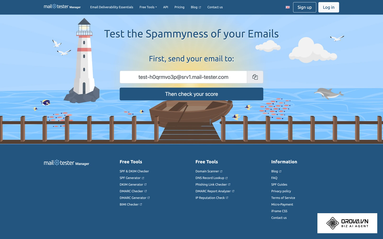 Mail-Tester visar en tillfällig adress som du skickar testmejlet till för att få en genomgång av autentisering och innehåll.