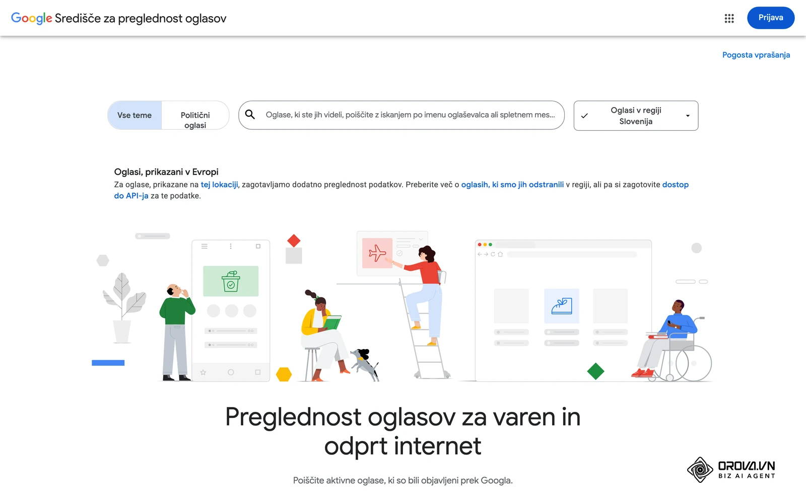 Googlov Center za preglednost oglasov z izbrano regijo Slovenija: tu poiščete oglaševalca in vidite, katere oglase ponudniki v vašem kraju že prikazujejo.