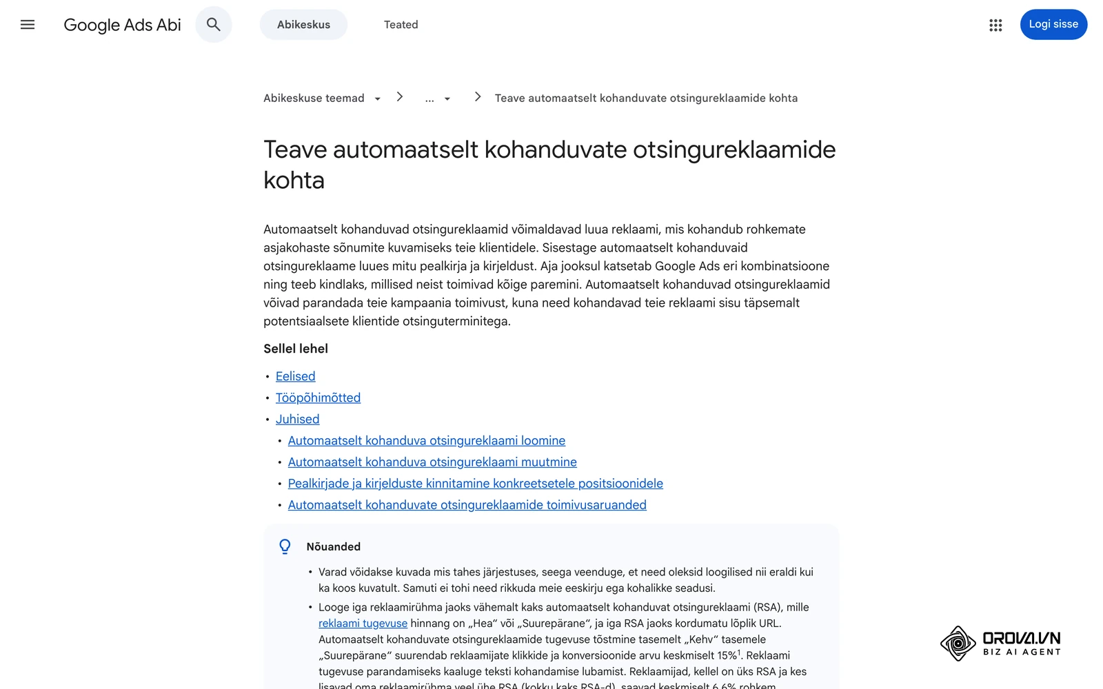 Google Adsi abikeskus eesti keeles: automaatselt kohanduvad otsingureklaamid (kuni 15 pealkirja ja neli kirjeldust).