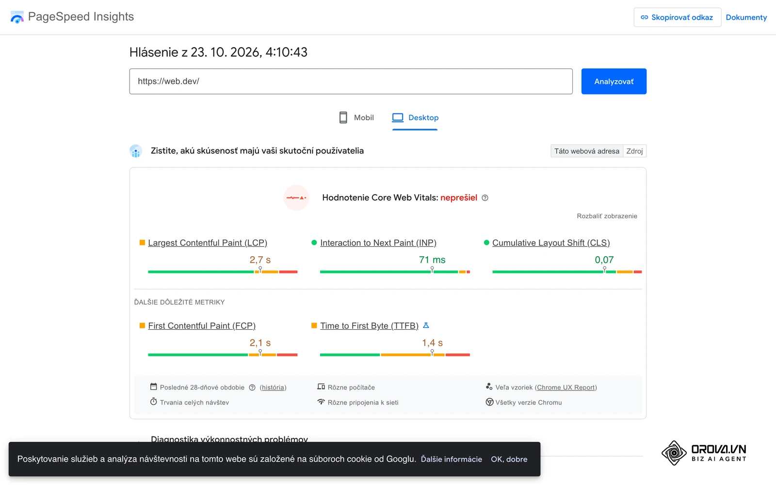 Report Google PageSpeed Insights pre verejný web web.dev s hodnotením výkonu stránky.