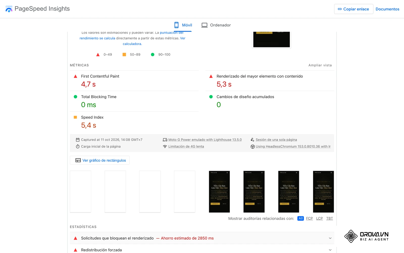 Métricas de laboratorio de PageSpeed Insights para vwealth.vn: FCP 4,7 s, LCP 5,3 s, TBT 0 ms, CLS 0, Speed Index 5,4 s