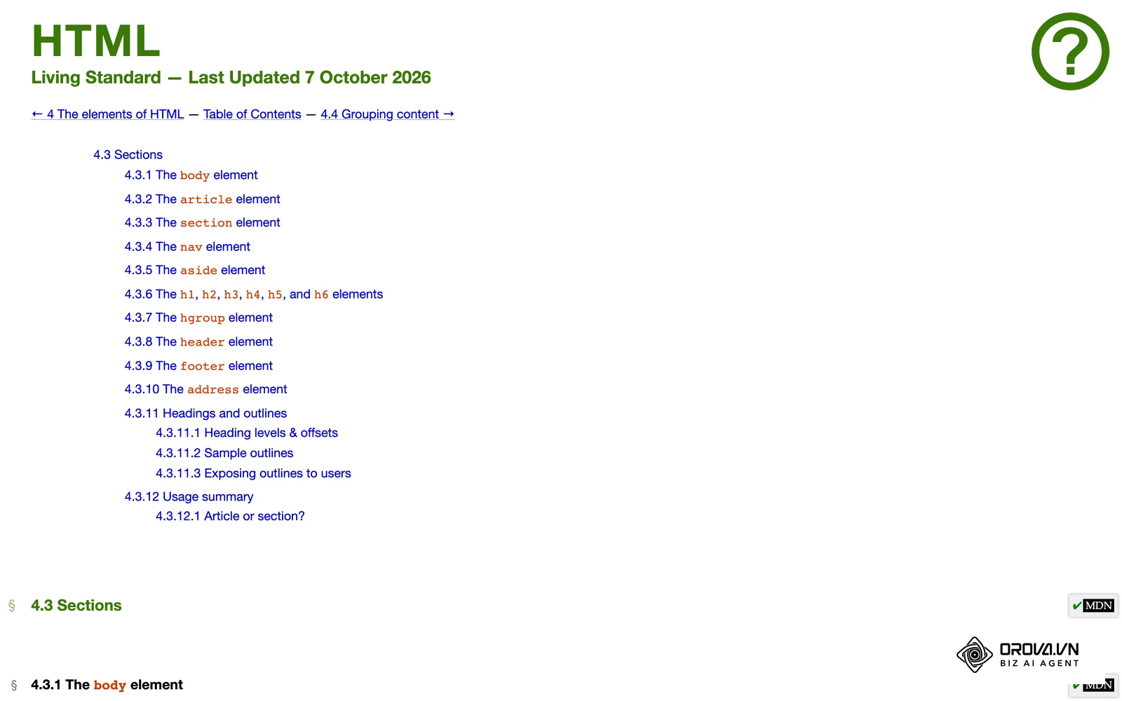 The HTML living standard defines how sectioning elements organize content for better machine readability.
