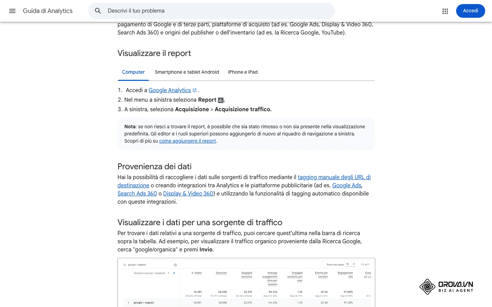 Guida di Analytics in italiano sul report Acquisizione traffico di GA4: il percorso Report > Acquisizione > Acquisizione traffico per leggere sessioni per sorgente/mezzo e campagna.