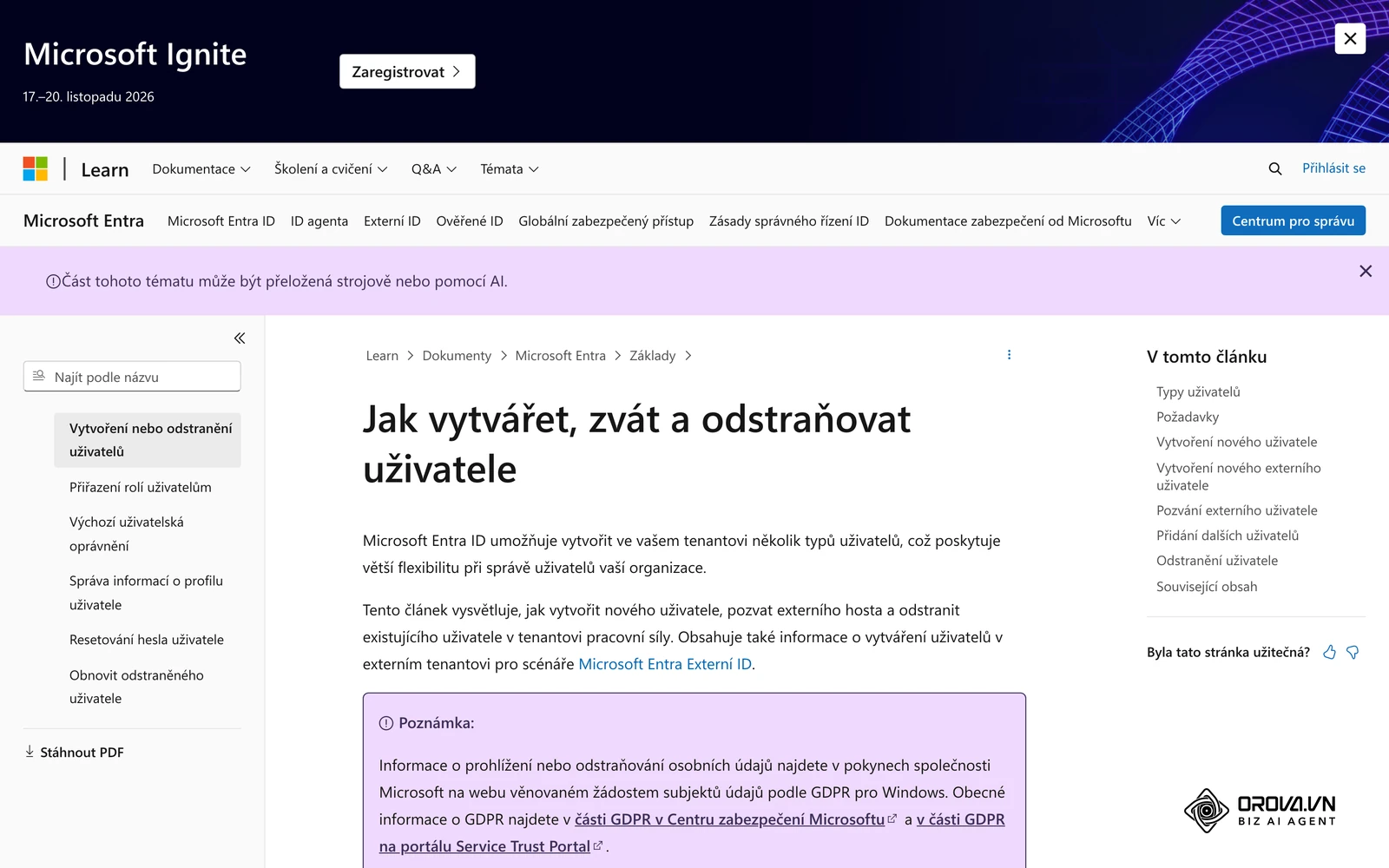 Dokumentace Microsoft Entra ID: založení uživatelského profilu nového zaměstnance v centrálním adresáři firmy.