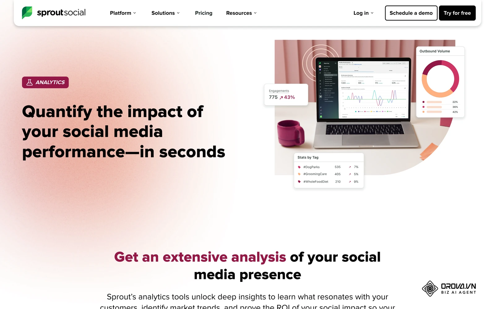 ទំព័រមុខងារ Social Media Analytics ផ្លូវការរបស់ Sprout Social បង្ហាញផ្ទាំងរបាយការណ៍ពហុបណ្តាញ