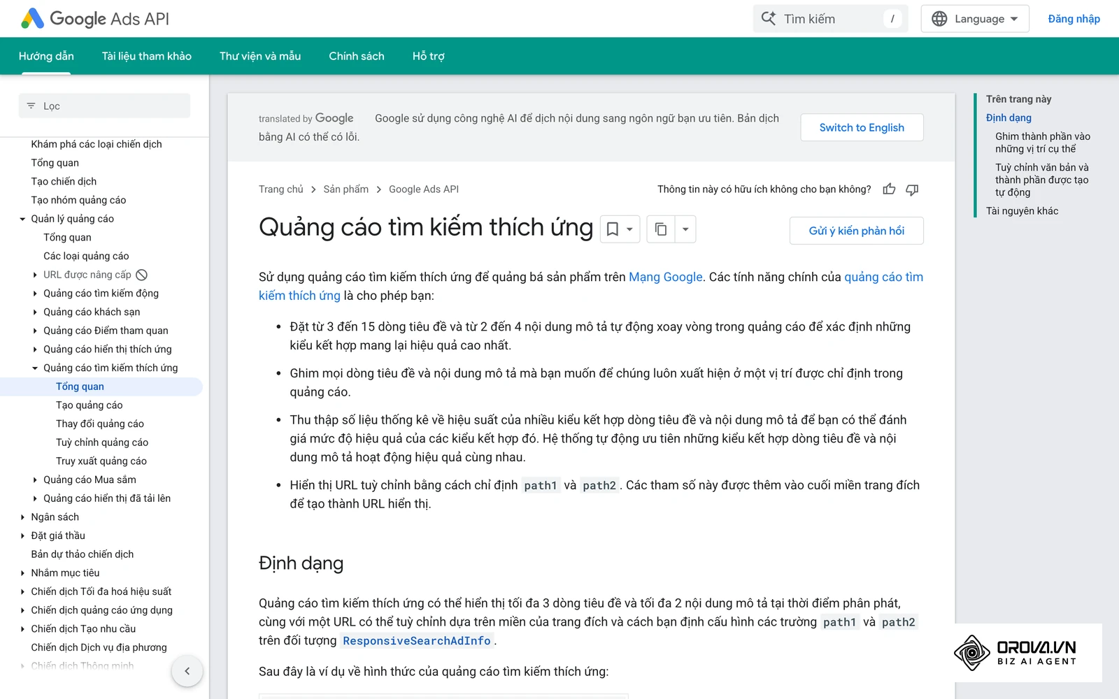 Tài liệu chính thức của Google mô tả cấu trúc quảng cáo tìm kiếm thích ứng.