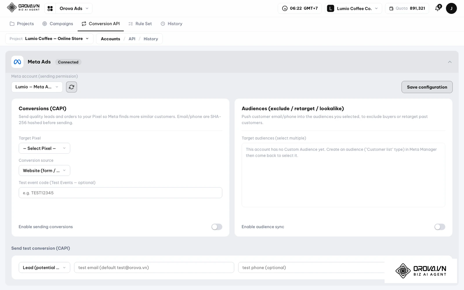 Orova Ads, zavihek Conversion API za Meta Ads: Target Pixel, vir konverzij, Test event code in pošiljanje poskusne konverzije (vmesnik Orova v angleščini, izmišljeni primer podatkov).