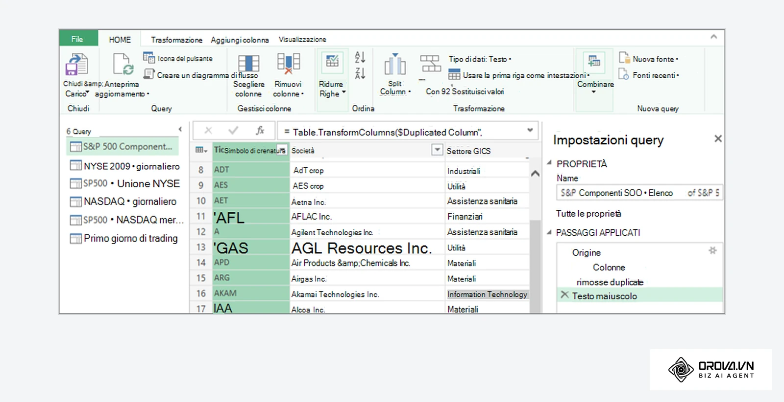 Riquadro Impostazioni query di Power Query con proprietà della query e elenco dei passaggi applicati
