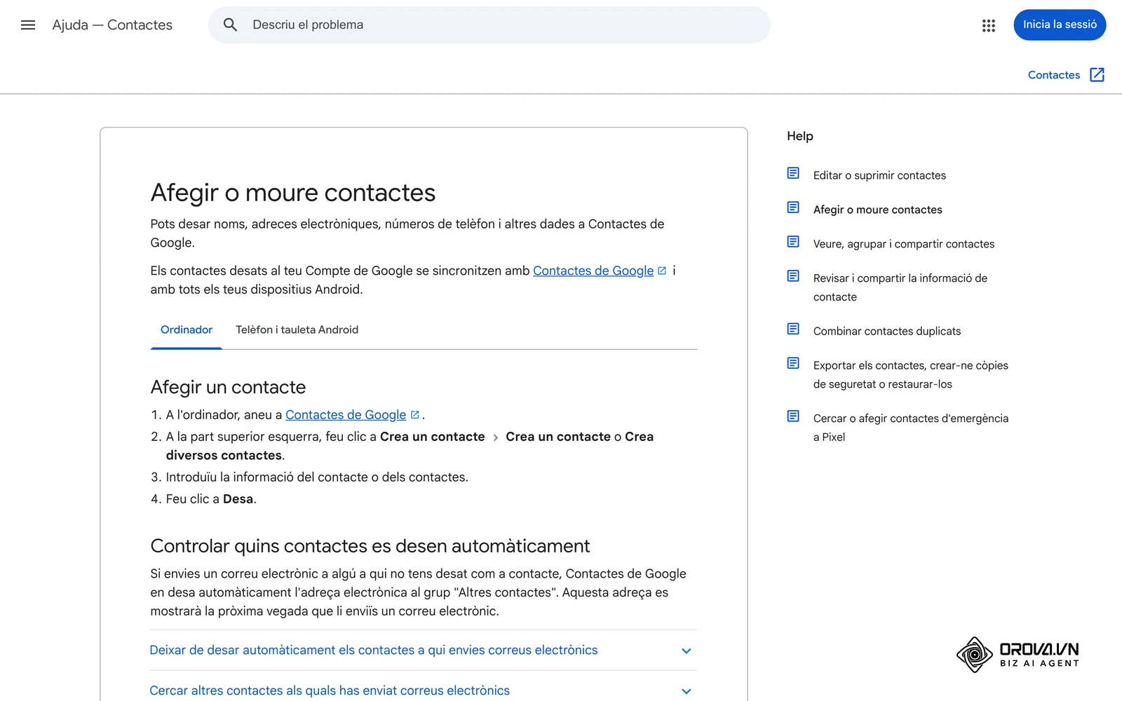Pàgina d'ajuda de Google Contactes en català sobre com afegir i editar contactes: la fitxa bàsica que un CRM amplia amb historial, etapes de venda i responsable.