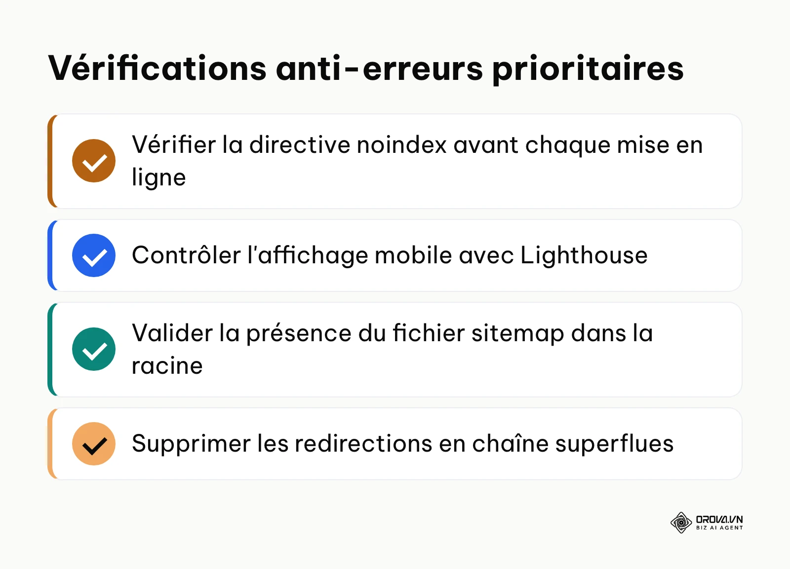 Liste de contrôle des points techniques critiques pour éviter tout blocage d'indexation.