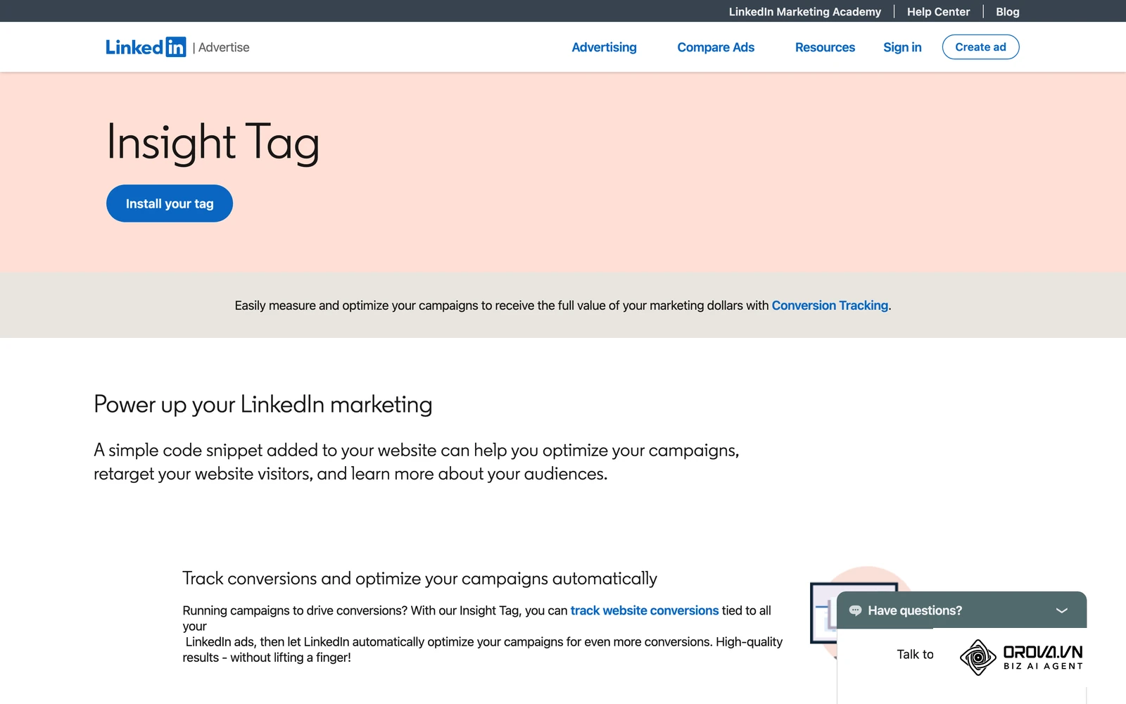 LinkedIn's official Insight Tag page (archived copy) explaining the tracking tag you install in Step 1.