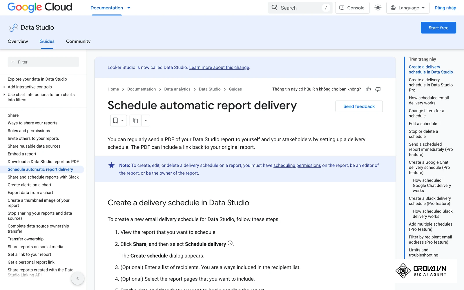 Trang hướng dẫn hẹn lịch gửi báo cáo tự động qua email của Looker Studio.