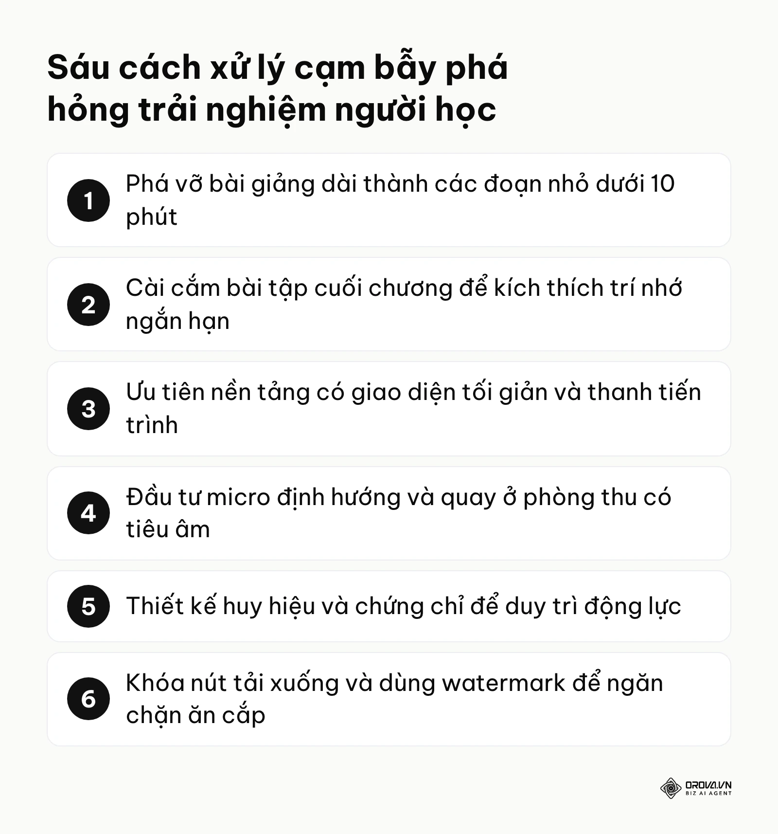 Tóm tắt 6 giải pháp như chia nhỏ video, cài bài tập, giao diện tối giản, cải thiện mic và thêm huy hiệu