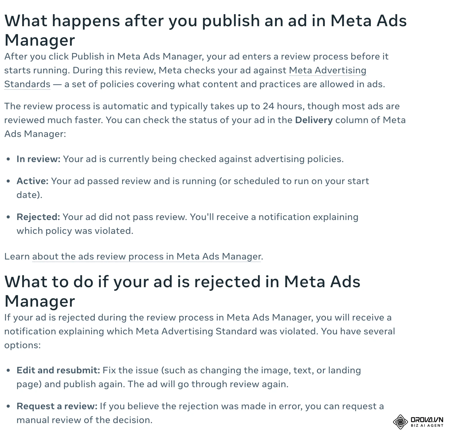 Meta centar za pomoć: što se događa nakon klika na Publish – pregled oglasa i statusi In review, Active i Rejected.