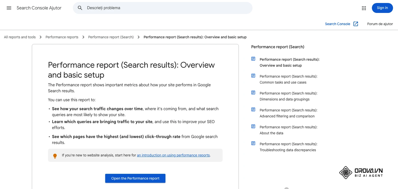 Centrul de ajutor Search Console: pagina despre raportul Performanță pentru rezultatele căutării