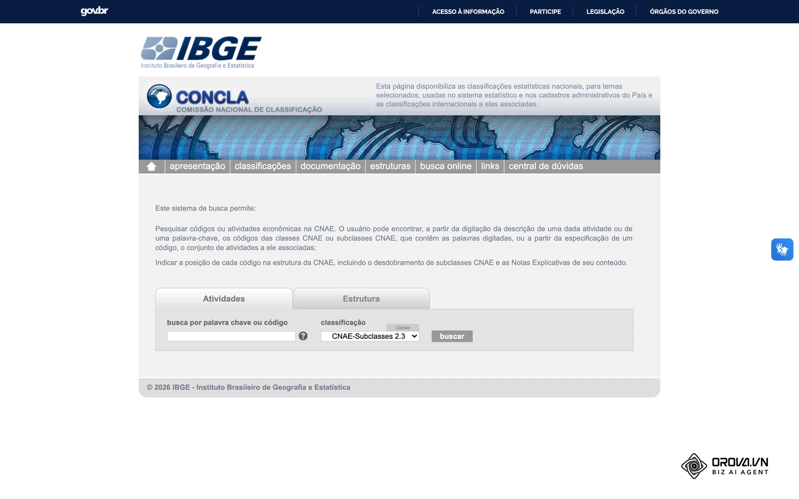 Busca online da classificação CNAE no portal do IBGE, usada para padronizar o setor de cada conta.