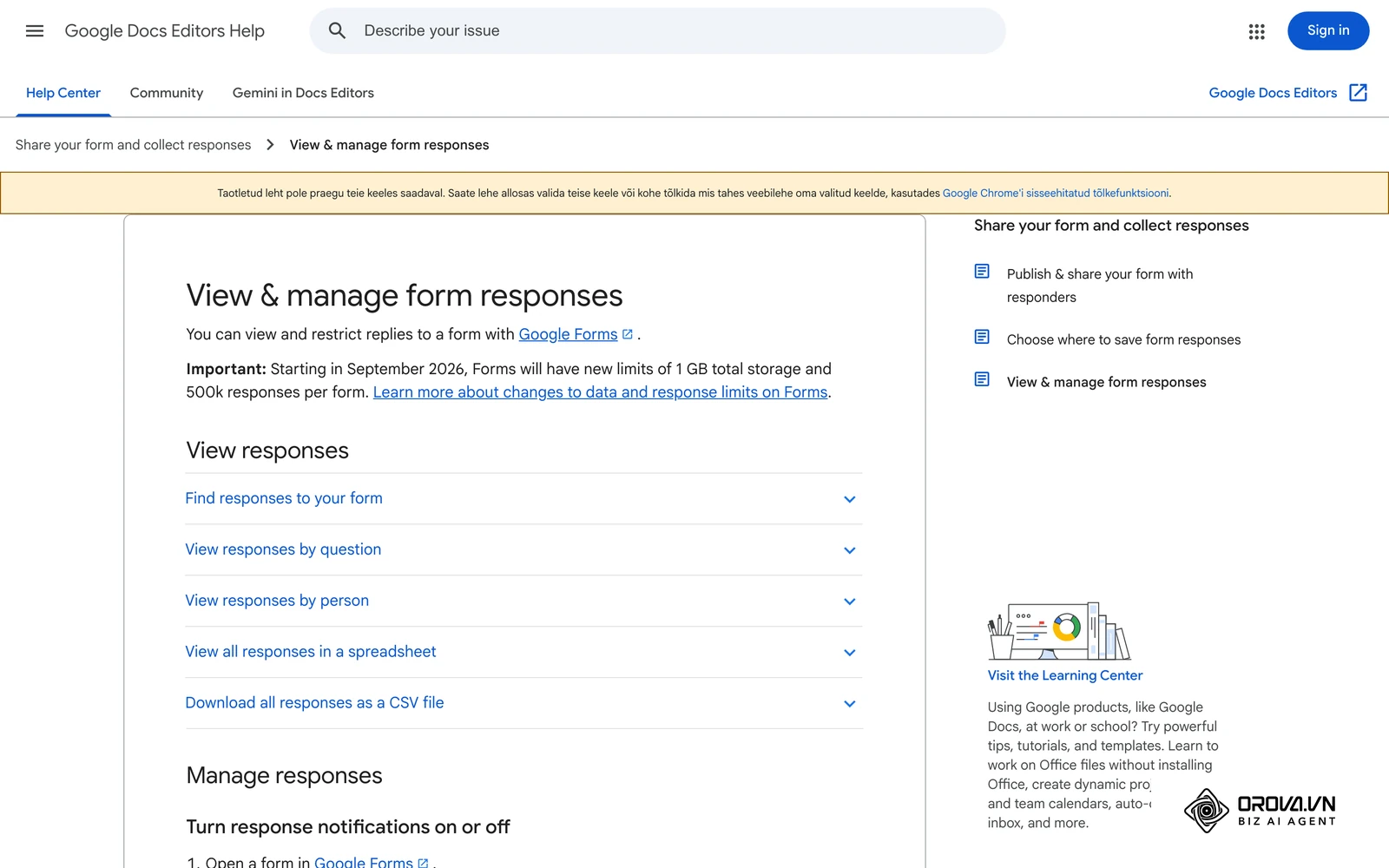 Google Formsi ametlik abileht vastuste vaatamise ja haldamise kohta: vahekaart Responses ja vastuste suunamine Google Sheetsi.