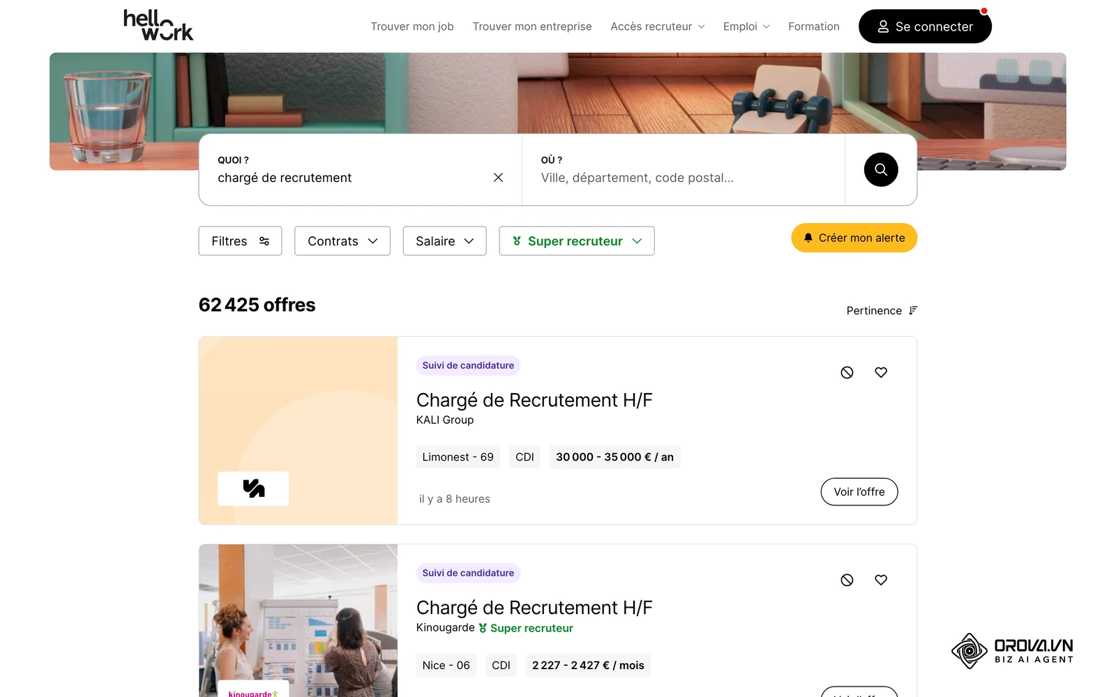 Résultats d'offres d'emploi sur HelloWork : une annonce publiée parmi des dizaines d'autres.