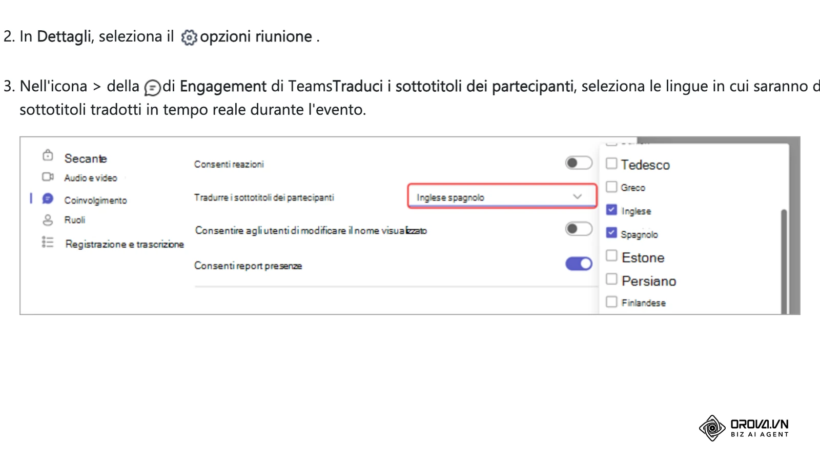 Guida di Microsoft Teams: l'opzione per tradurre i sottotitoli dei partecipanti nelle lingue scelte.