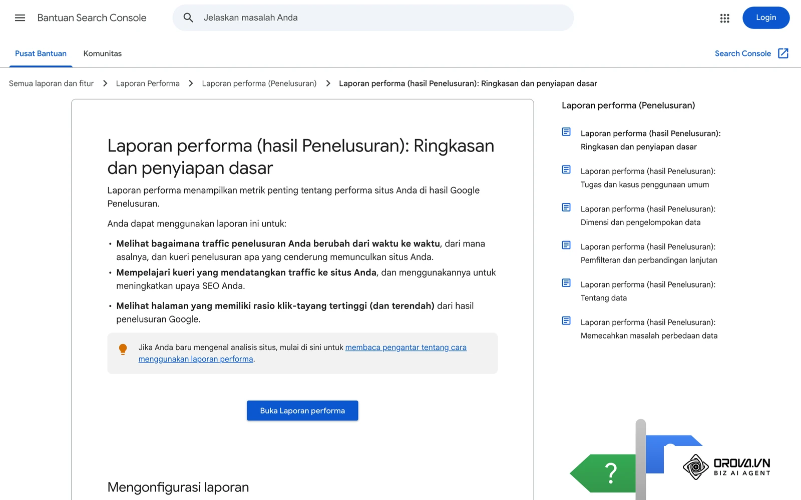 Halaman bantuan rasmi Google tentang laporan Performance: klik, tayangan, CTR dan kedudukan purata.