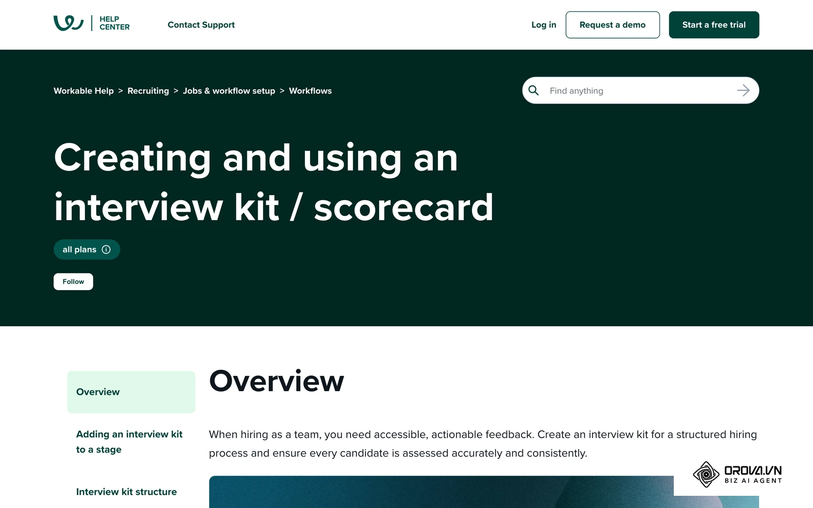 Workable pagalbos puslapis apie interviu rinkinį ir vertinimo kortelę (interview kit / scorecard), skirtą struktūruotam pokalbiui.