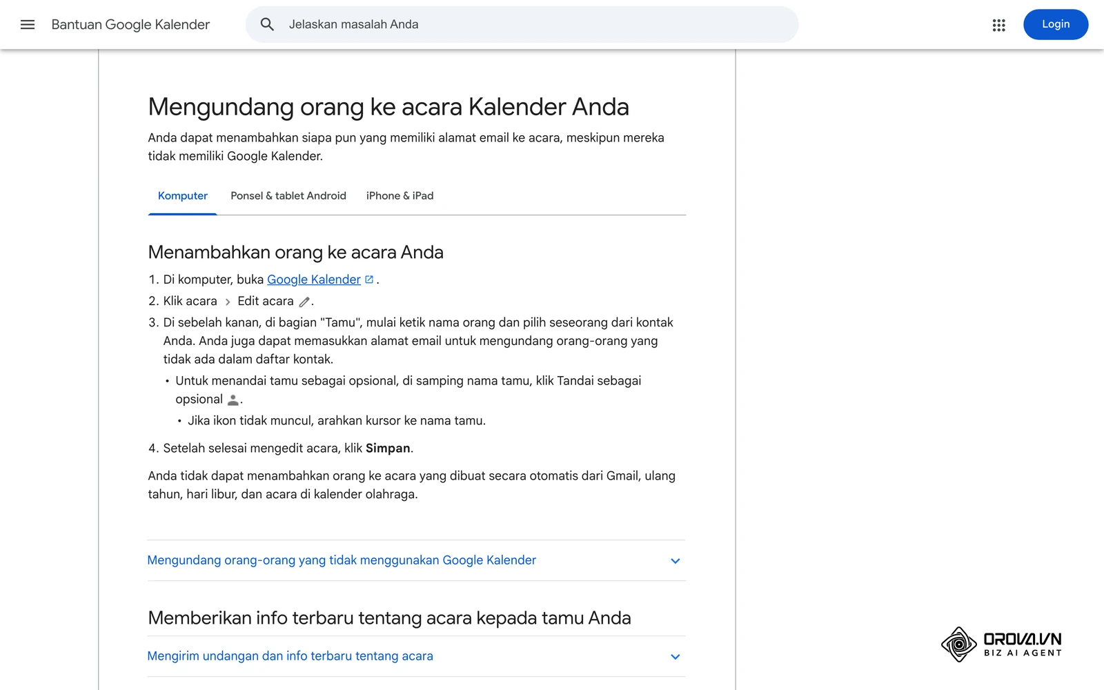 Halaman bantuan resmi Google Kalender (bahasa Indonesia) tentang mengundang orang ke acara kalender.